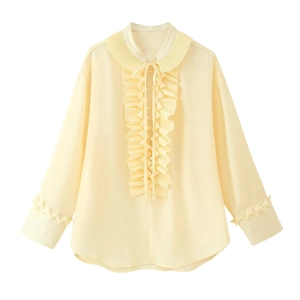 Gelbes Set mit Rüschenbluse und Rock aus Chiffon im französischen Stil für Damen