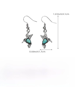 Detailed size chart of hummingbird dangle earrings with turquoise stones and zinc alloy material