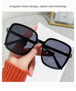 Macro detail of square black frame sunglasses with dark grey UV protective lenses