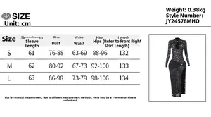 Detailed size chart for women lace long dress including bust, waist, and hip measurements