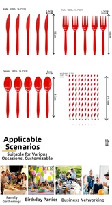 Detailed size specifications for red disposable cutlery and striped paper straws