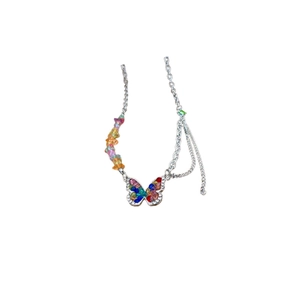 Asymmetrical butterfly pendant necklace with colorful beads and double-layered silver chains