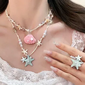 Ensemble collier et bague étoile de mer avec perles colorées et pendentifs coquillages
