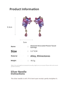 Detailed size chart showing purple rhinestone flower tassel earrings at 9.3 by 5 cm