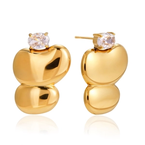 Minimalist gold zircon stud earrings with polished sculpture double bean drop design