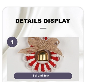Close-up of red and white woven Christmas wreath with a gold bell and burlap bow detail