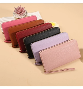 Long litchi texture zipper wallets for women in six macaron colors with wrist straps