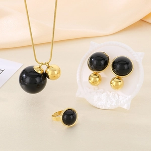 Three-piece 18K gold plated jewelry set featuring black sphere pendants and snake chain
