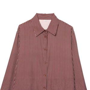 Classic red and white vertical striped long sleeve shirt with a formal lapel collar