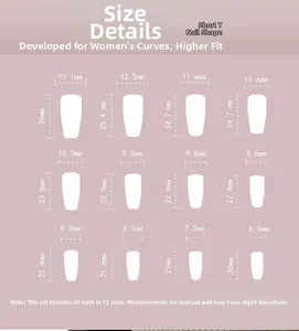 Guide des tailles pour 24 faux ongles courts en forme de T en 12 dimensions