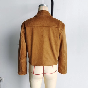 Rear view of brown suede cropped jacket featuring center vertical seam tailoring details