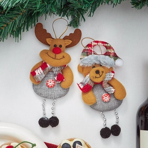 Christmas hanging plush deer and bear decorations with burlap texture and bead legs