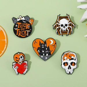 Set of 5 Halloween enamel pins featuring pumpkin tombstone, skull spider and haunted castle