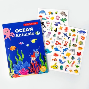 Detail of reusable ocean animal sticker book with 72 stickers on white background