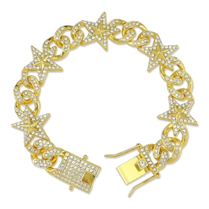 Gold hip hop chain bracelet featuring iced-out stars and rhinestones on a white background