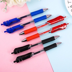 Retractable neutral gel pens with 0.5mm bullet tip and non-slip rubber grip in 3 colors