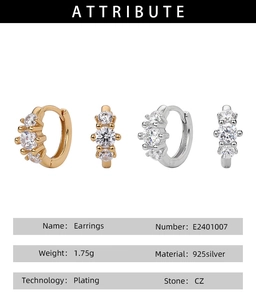 Detailed spec sheet showing 925 silver earrings with CZ zircon in gold and silver finish