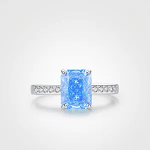 925 Sterling Silver Ring Rectangle Light Blue Zircon Ice Flower Cut Sparkling Luxury Wedding Banquet Jewelry For Women