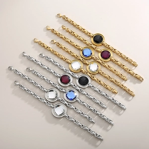 Exaggerated stainless steel chain bracelet set with colorful round glass stones for women