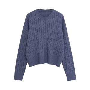 Relaxed cable-knit long sleeve sweater in bluish-purple with ribbed crew neck and cuffs