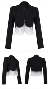 Detailed views of a black cropped blazer featuring sparkling silver rhinestone fringe trim