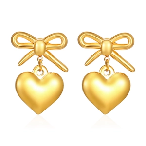 Luxurious 18K gold plated stainless steel bow and heart drop earrings for women