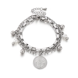 Silver double-layer titanium steel bracelet with Hamsa Hand pendant and pearls