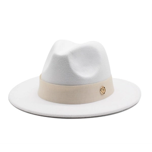 Classic white wide brim wool fedora hat with beige decorative band and gold metal logo