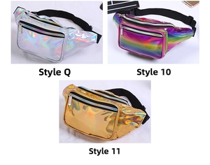 Detailed views of holographic PVC waist bags in silver, rainbow and gold metallic finishes