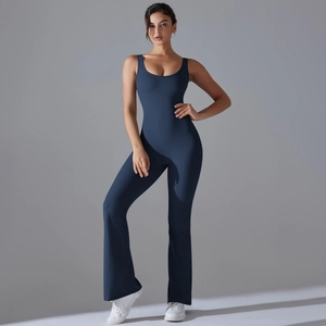 Navy blue sleeveless one-piece yoga jumpsuit with flared legs for athletic fitness wear
