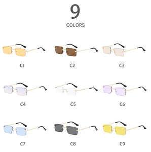 Grid view of rimless square sunglasses in nine diverse colors with gold metal temples