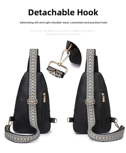 Detail of black pebble leather sling bag featuring a detachable woven shoulder strap
