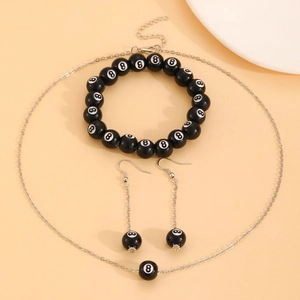 8-ball billiard theme resin jewelry set with necklace, bracelet and earrings in silver chain