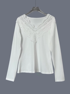 Women's white long sleeve knit top featuring elegant V-neck lace trim and floral detailing