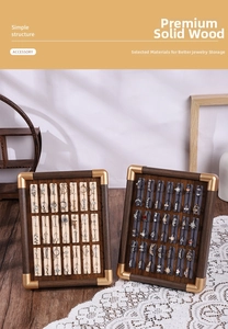 Macro detail of walnut wood jewelry tray with velvet ring slots and metal corners