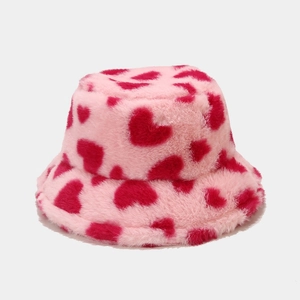 Pink plush bucket hat with red hearts for women, warm winter faux fur fuzzy basin cap