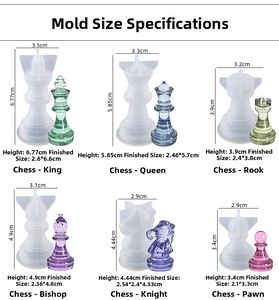 Size chart showing silicone chess piece mold dimensions and final resin product measurements