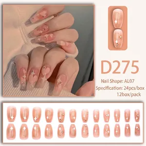Pink press-on nails featuring heart and star patterns with rhinestones, AL07 shape 24pcs