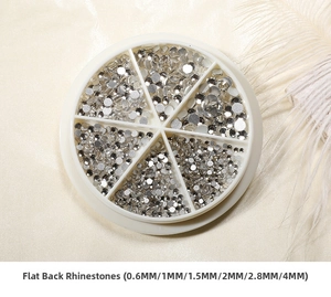 Nail art flatback crystal set with six sizes in a round box, 0.6mm to 4mm diameter