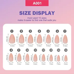Size chart for 360pcs solid color press-on nails in 15 almond shapes with pink gradient