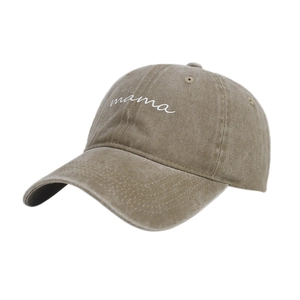 Vintage washed khaki baseball cap for women with white mama embroidery on front