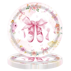 Watercolor disposable ballet paper plates with shoes and floral designs for birthday parties