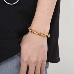 Mens gold titanium steel rectangular link chain bracelet with geometric minimalist design