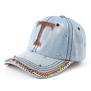 Rhinestone Letter T Washed Denim Baseball Cap Vintage Streetwear Rivet Sun Hat For Men Women Adjustable