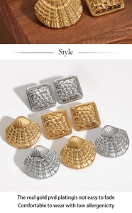 Detail of PVD gold plated shell earrings and hammered square studs with durable finish