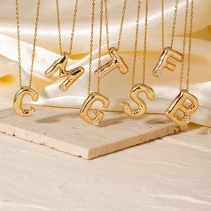 Stainless Steel 3D Balloon Alphabet Letter Pendant Necklace Gold Plated Copper Initial Pendant With Rhinestone Fashion Jewelry Gift For Women