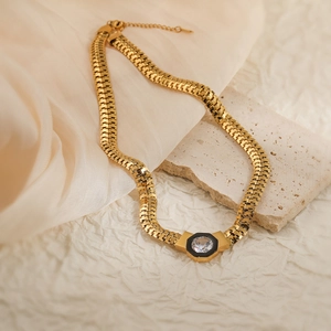 18K gold plated necklace featuring a hexagonal zircon pendant on a flat link chain