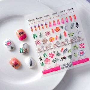 Bohemian 5D embossed nail art stickers with watercolor feathers and ethnic floral designs