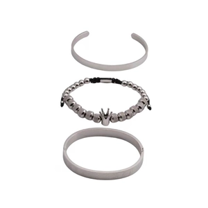 Three-piece silver titanium steel bracelet set featuring crown charm and Roman numerals
