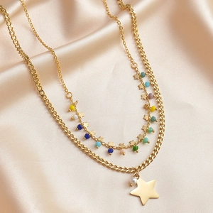 Detail of golden double-layer necklace featuring colorful beads and star charms on silk
